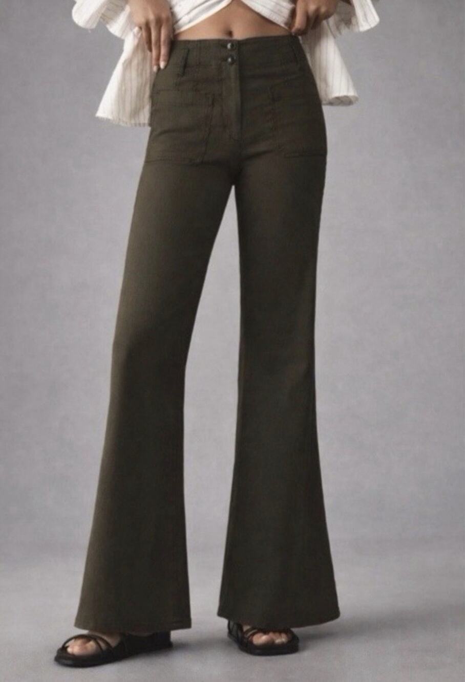 Maeve by Anthropologie "The Junie Jean" Flare Pants Womens 34P Green High Rise